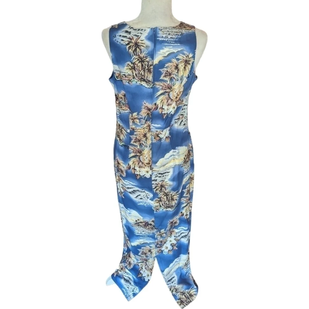 Hilo Hattie's Dress Hawaiian palm print sleeveless cotton blend Blue maxi Sz 12 - Picture 5 of 10
